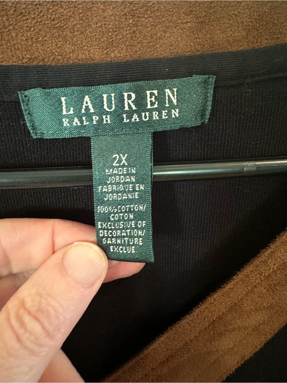 Lauren Ralph Lauren Black V-Neck Shirt with Brown suedeTrim 100% cotton - Picture 3 of 5